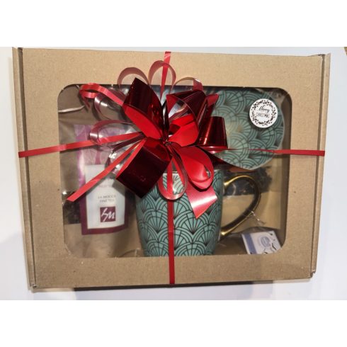 Karácsonyi ajándékcsomag teával  és szűrős bögrével