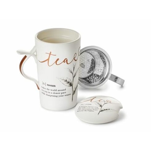 Herb Tea porcelán szűrős bögre etes grafikával- FEHÉR-ARANY